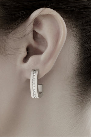 earrings 5 by stuart moore, platinum hoop with princess cut diamonds worn on the ear