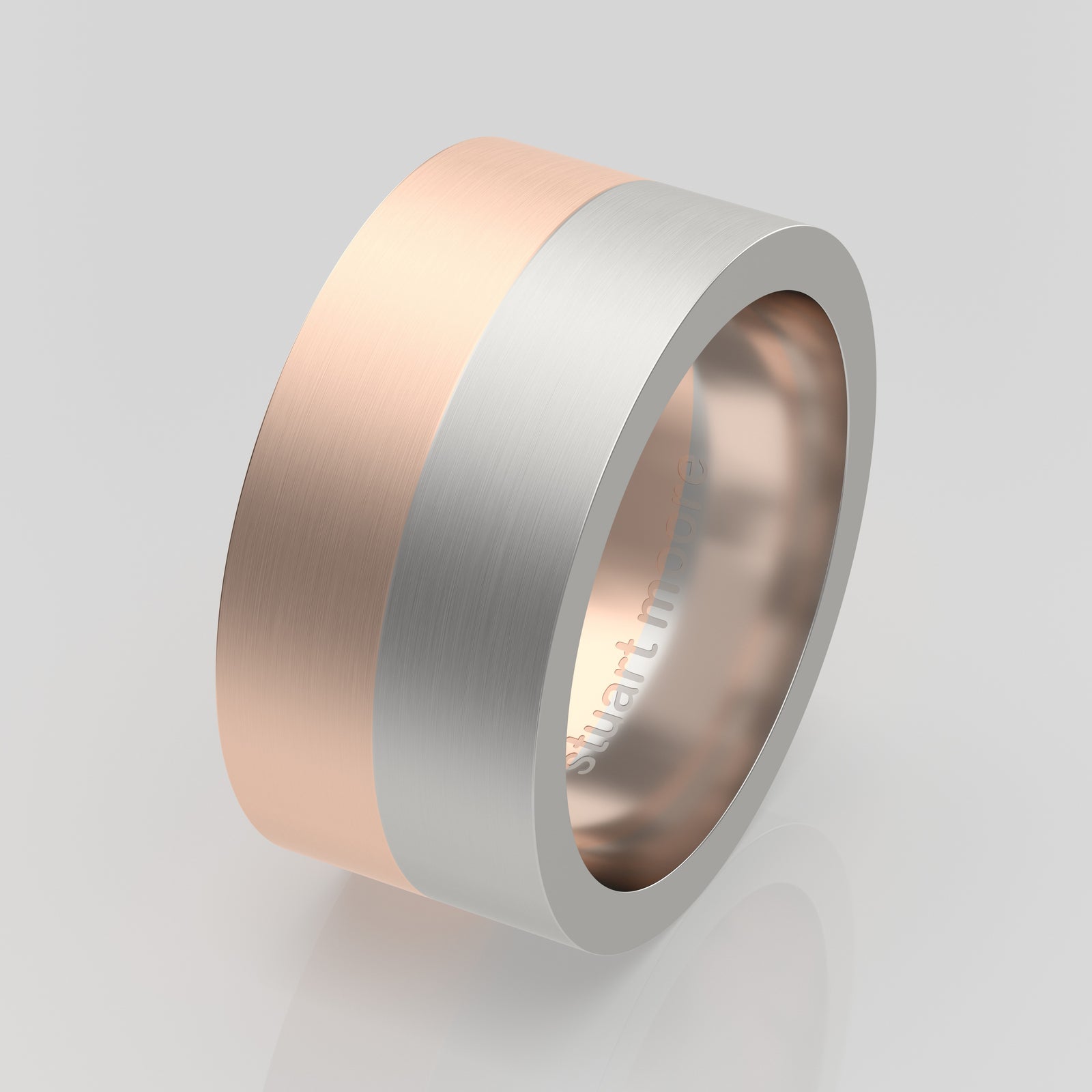 stuart moore round 10mm hard split round wedding band in 950 platinum + 18k rose gold