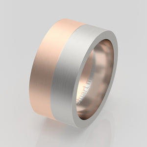 stuart moore round 10mm hard split round wedding band in 950 platinum + 18k rose gold