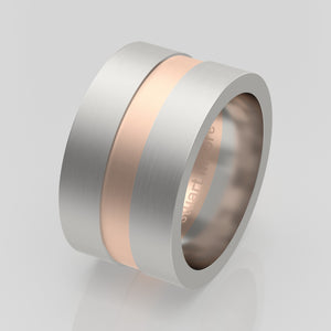 stuart moore round 12mm hard stripe round wedding band in 950 platinum + 18k rose gold