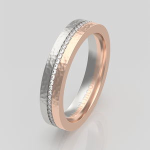 stuart moore round 4mm hard hammered split diamonds round wedding band in 18k rose gold + 950 platinum / full eternity