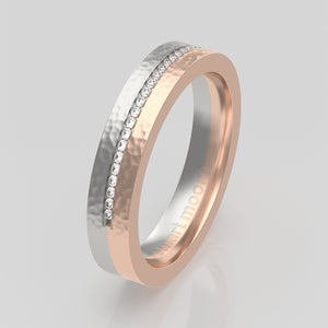 stuart moore round 4mm hard hammered split diamonds round wedding band in 18k rose gold + 950 platinum / half eternity