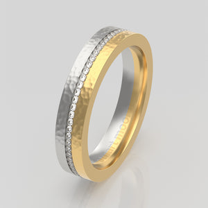 stuart moore round 4mm hard hammered split diamonds round wedding band in 18k yellow gold + 950 platinum / full eternity