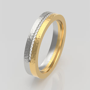 stuart moore round 4mm hard hammered split diamonds round wedding band in 18k yellow gold + 950 platinum / half eternity