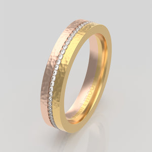 stuart moore round 4mm hard hammered split diamonds round wedding band in 18k yellow gold + 18k rose gold / full eternity