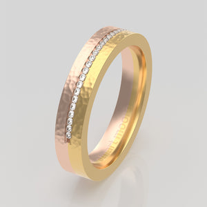 stuart moore round 4mm hard hammered split diamonds round wedding band in 18k yellow gold + 18k rose gold / half eternity