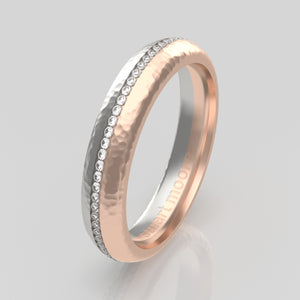 stuart moore round 4mm soft hammered split diamonds round wedding band in 18k rose gold + 950 platinum / full eternity