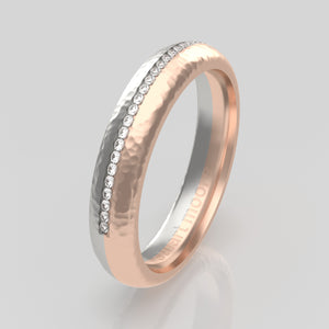 stuart moore round 4mm soft hammered split diamonds round wedding band in 18k rose gold + 950 platinum / half eternity