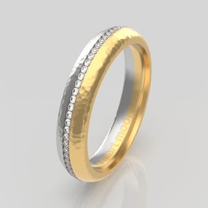 stuart moore round 4mm soft hammered split diamonds round wedding band in 18k yellow gold + 950 platinum / full eternity