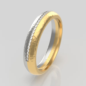 stuart moore round 4mm soft hammered split diamonds round wedding band in 18k yellow gold + 950 platinum / half eternity
