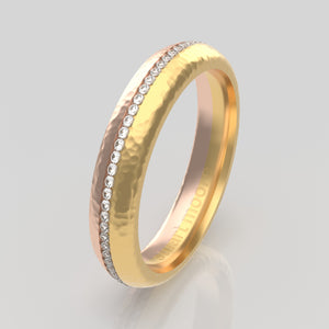 stuart moore round 4mm soft hammered split diamonds round wedding band in 18k yellow gold + 18k rose gold / full eternity