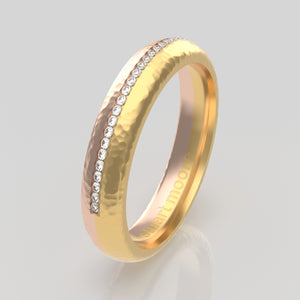 stuart moore round 4mm soft hammered split diamonds round wedding band in 18k yellow gold + 18k rose gold / half eternity