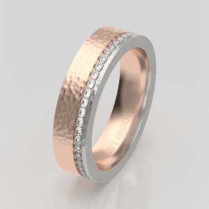 stuart moore round 5mm hard hammered split diamonds round wedding band in 950 platinum + 18k rose gold / full eternity