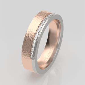 stuart moore round 5mm hard hammered split diamonds round wedding band in 950 platinum + 18k rose gold / half eternity