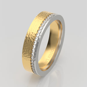 stuart moore round 5mm hard hammered split diamonds round wedding band in 950 platinum + 18k yellow gold / full eternity