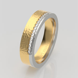 stuart moore round 5mm hard hammered split diamonds round wedding band in 950 platinum + 18k yellow gold / half eternity