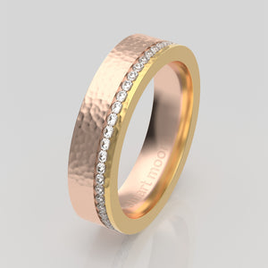 stuart moore round 5mm hard hammered split diamonds round wedding band in 18k yellow gold + 18k rose gold / full eternity