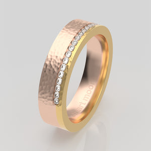 stuart moore round 5mm hard hammered split diamonds round wedding band in 18k yellow gold + 18k rose gold / half eternity