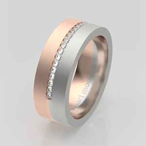 stuart moore round 7mm hard split diamonds round wedding band in 950 platinum + 18k rose gold / half eternity