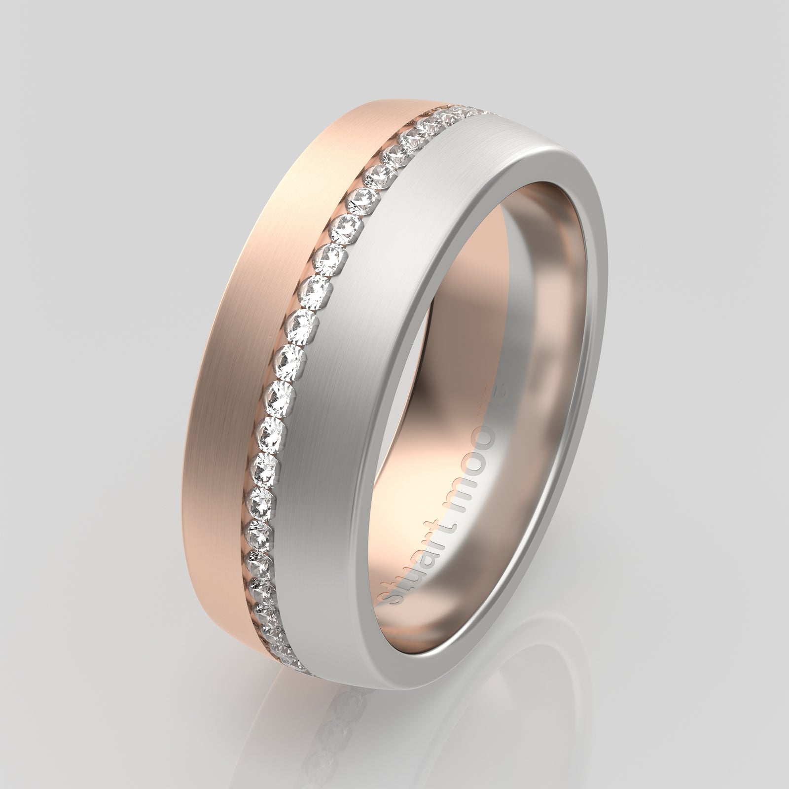 stuart moore round 7mm soft split diamonds round wedding band in 950 platinum + 18k rose gold / full eternity