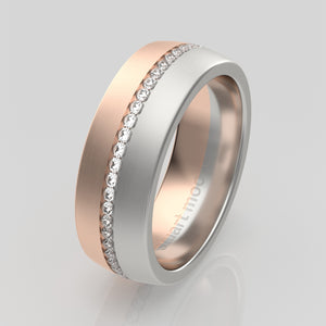 stuart moore round 7mm soft split diamonds round wedding band in 950 platinum + 18k rose gold / full eternity