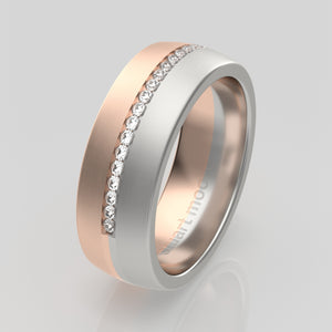 stuart moore round 7mm soft split diamonds round wedding band in 950 platinum + 18k rose gold / half eternity
