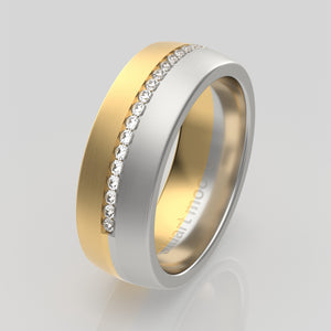 stuart moore round 7mm soft split diamonds round wedding band in 950 platinum + 18k yellow gold / half eternity