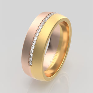 stuart moore round 7mm soft split diamonds round wedding band in 18k yellow gold + 18k rose gold / half eternity