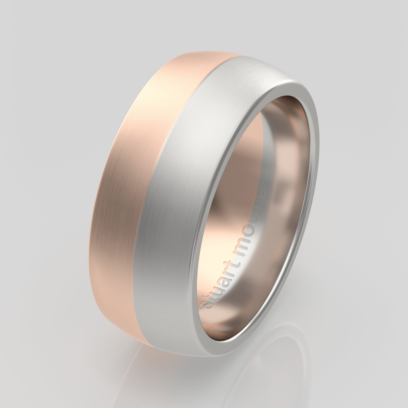 stuart moore round 8mm soft split round wedding band in 950 platinum + 18k rose gold