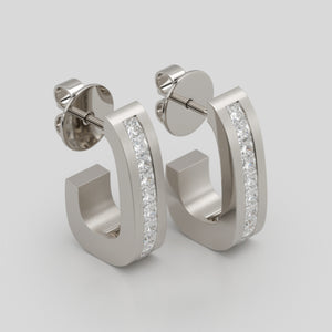 earrings 1 by stuart moore, platinum 3/4 hoops set with princess cut diamonds