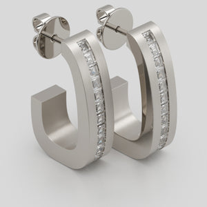 earrings 5 by stuart moore, platinum 3/4 hoops lined with 24 princess cut diamonds