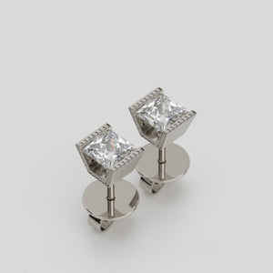 earrings 18 by stuart moore, platinum pavé studs with princess cut center diamonds