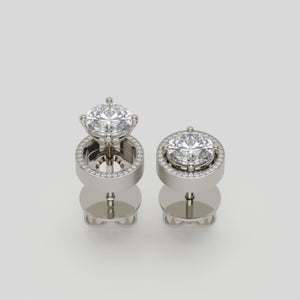 earrings 23 by stuart moore, four-prong platinum studs with 8.6 mm pavé jackets